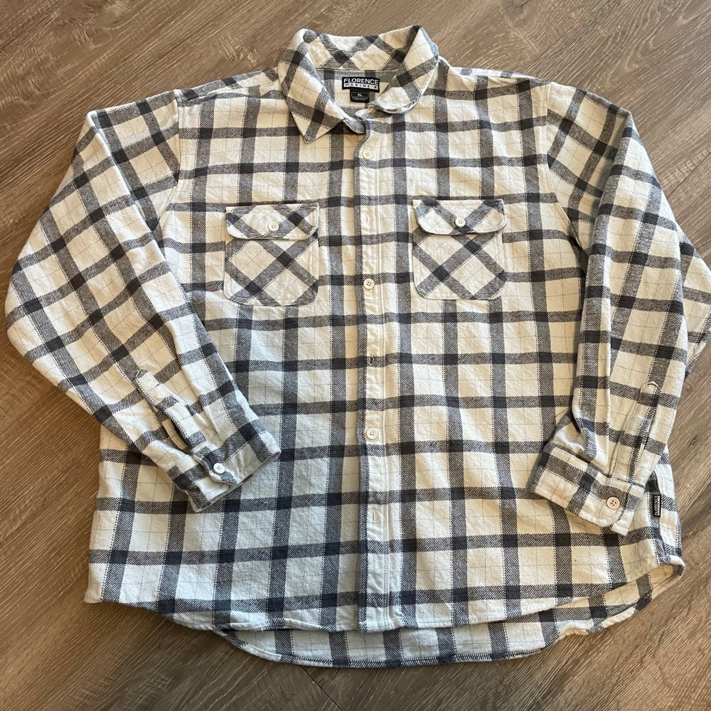 Florence Marine X Mens Heavy Flannel Shirt XL White Black 100% Cotton Plaid